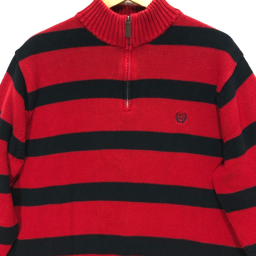 CHAPS Mens XL Red Black Striped Quarter Zip Mock Neck‎ Sweater Cotton